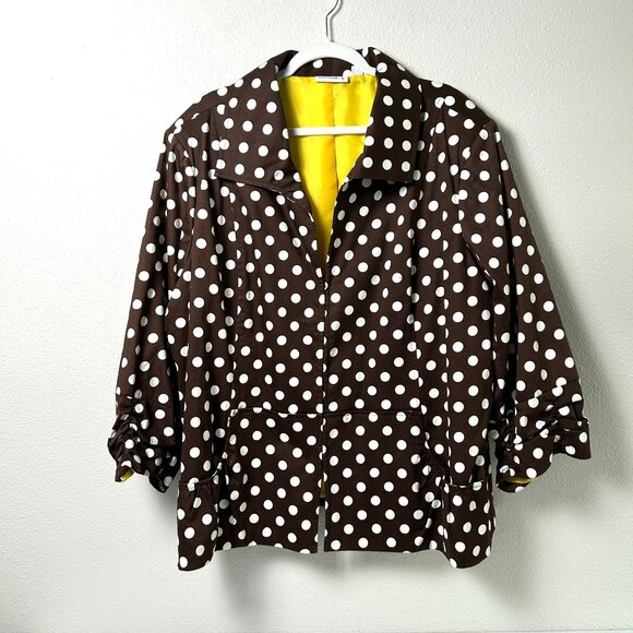 Susan Graver Jackets & Blazers - Susan Graver Sateen Jacket Size 3X Brown White Polka Dot Ruched Sleeve Pockets
